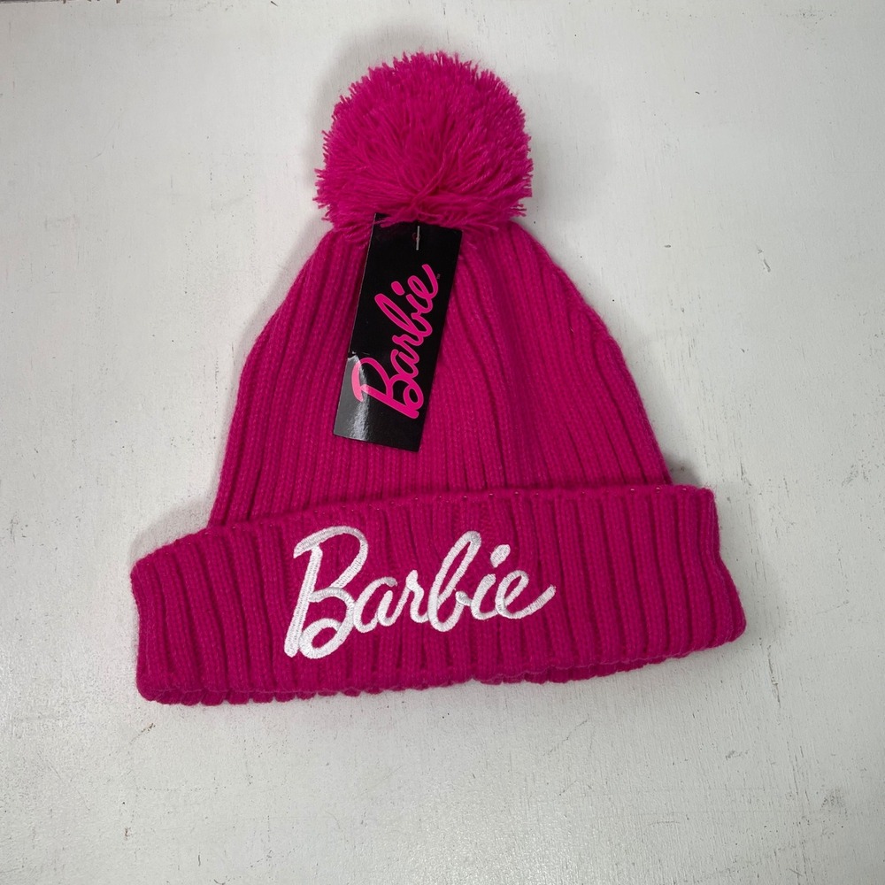 NWT Barbie Hot Pink Beanie Hat Toboggan Ribbed Knit Pom Pom Embroidered Logo